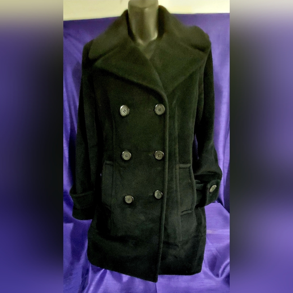 Anne Klein Double Breasted Pea Coat-Angora & Wool-Black-Size Small-Preowned